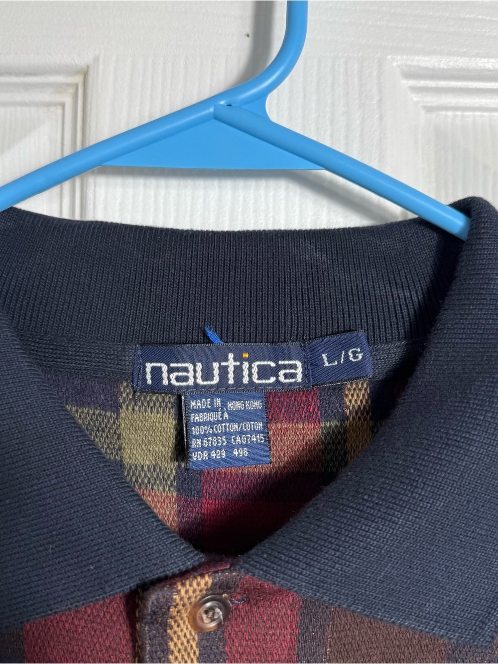 Vintage Nautica Plaid Polo Shirt Red Blue Men’s LG Cotton - Picture 3 of 5